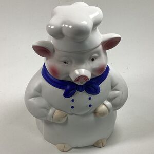 CKAO Chef Pig Ceramic Cookie Jar 11" White Blue